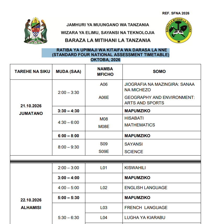 sfna 2026 timetable